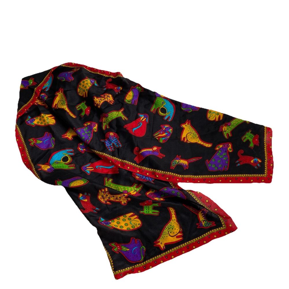 VTG Laurel Burch Bright Multicolor Dogs & Cats Designer Silk Scarf 11" X 51”Long